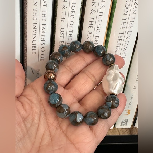 CLOISONNÉ JASPER + BAROQUE MOP  NATURAL STONES BRACELET size 7” - Picture 9 of 9